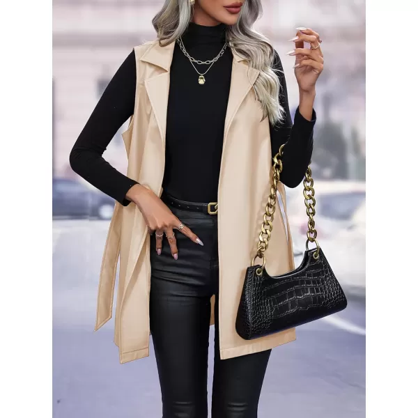 chouyatou Womens Notched Lapel Open Front Sleeveless Pu Faux Leather Vest Jacket with BeltApricot