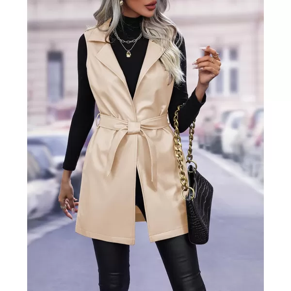 chouyatou Womens Notched Lapel Open Front Sleeveless Pu Faux Leather Vest Jacket with BeltApricot