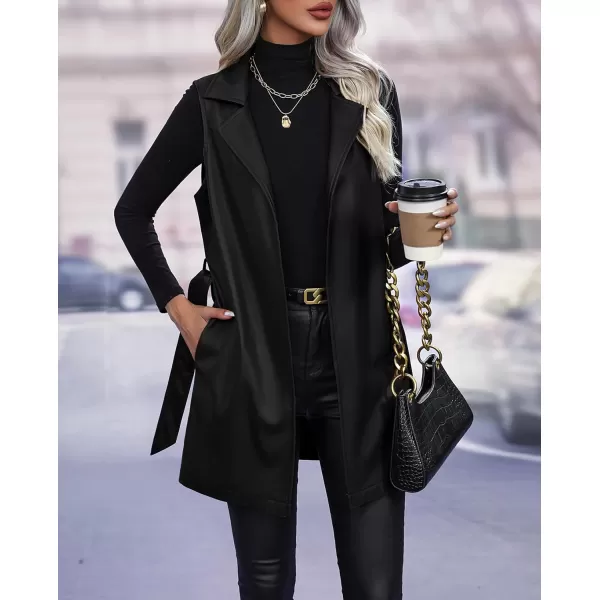 chouyatou Womens Notched Lapel Open Front Sleeveless Pu Faux Leather Vest Jacket with BeltBlack