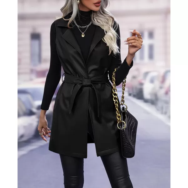 chouyatou Womens Notched Lapel Open Front Sleeveless Pu Faux Leather Vest Jacket with BeltBlack