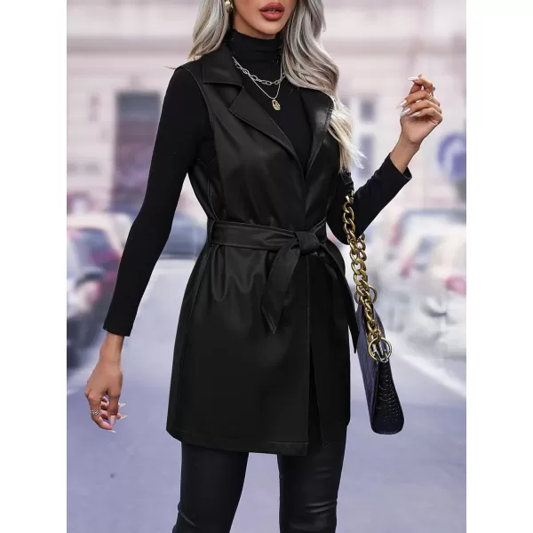 chouyatou Womens Notched Lapel Open Front Sleeveless Pu Faux Leather Vest Jacket with BeltBlack