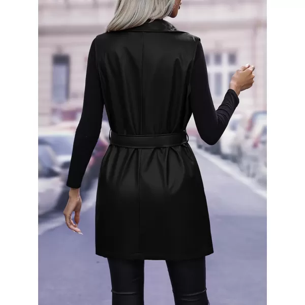 chouyatou Womens Notched Lapel Open Front Sleeveless Pu Faux Leather Vest Jacket with BeltBlack