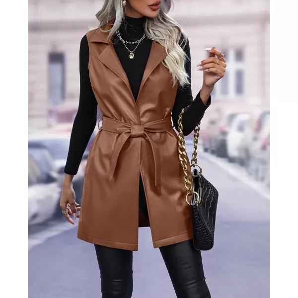 chouyatou Womens Notched Lapel Open Front Sleeveless Pu Faux Leather Vest Jacket with BeltBrown