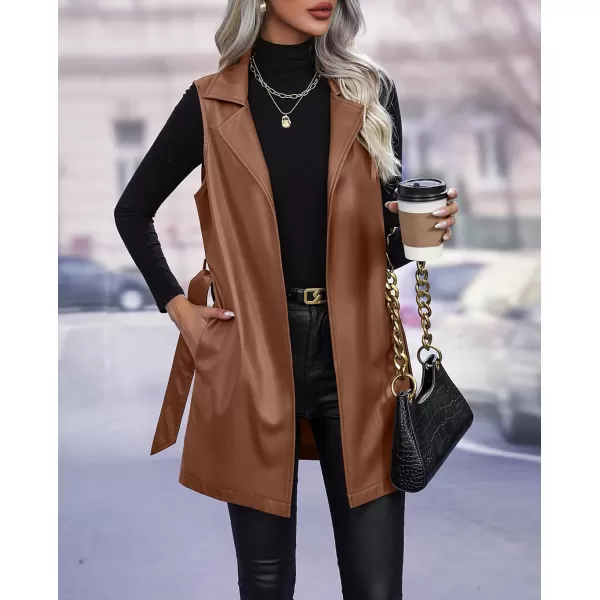 chouyatou Womens Notched Lapel Open Front Sleeveless Pu Faux Leather Vest Jacket with BeltBrown