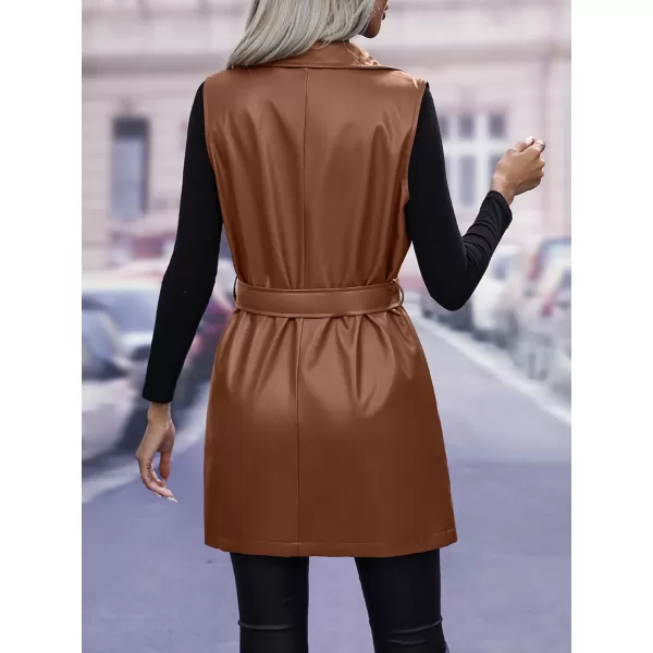 chouyatou Womens Notched Lapel Open Front Sleeveless Pu Faux Leather Vest Jacket with BeltBrown