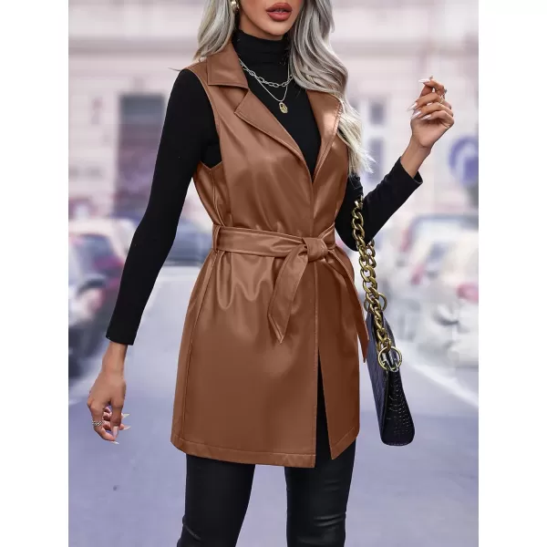 chouyatou Womens Notched Lapel Open Front Sleeveless Pu Faux Leather Vest Jacket with BeltBrown