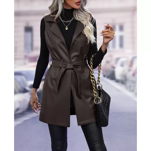 chouyatou Womens Notched Lapel Open Front Sleeveless Pu Faux Leather Vest Jacket with BeltCoffee