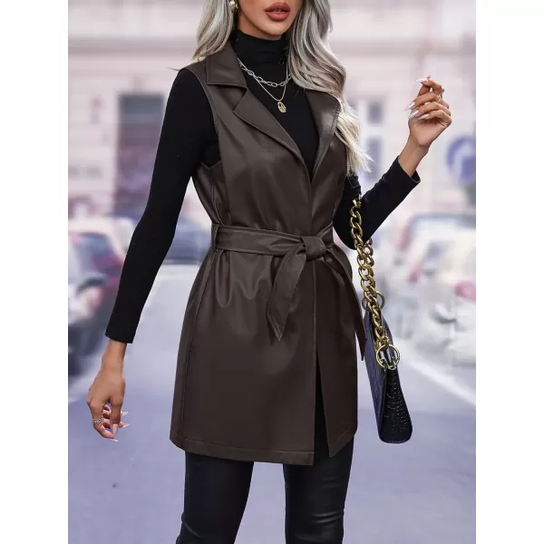 chouyatou Womens Notched Lapel Open Front Sleeveless Pu Faux Leather Vest Jacket with BeltCoffee