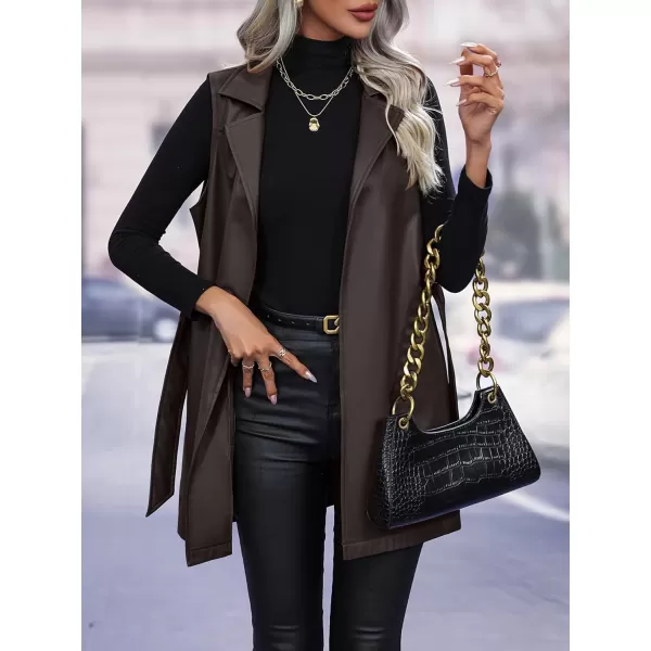 chouyatou Womens Notched Lapel Open Front Sleeveless Pu Faux Leather Vest Jacket with BeltCoffee