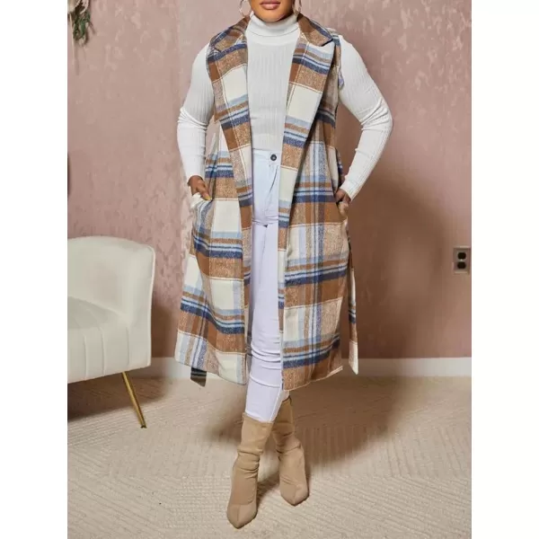 chouyatou Womens Open Front Plaid Long Wool Vest Notched Lapel Sleeveless Wool Blend Trench Pea Coat with BeltKhaki