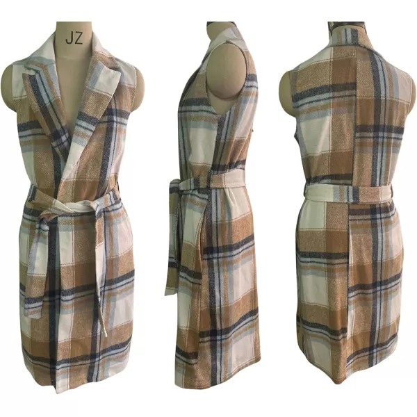 chouyatou Womens Open Front Plaid Long Wool Vest Notched Lapel Sleeveless Wool Blend Trench Pea Coat with BeltKhaki