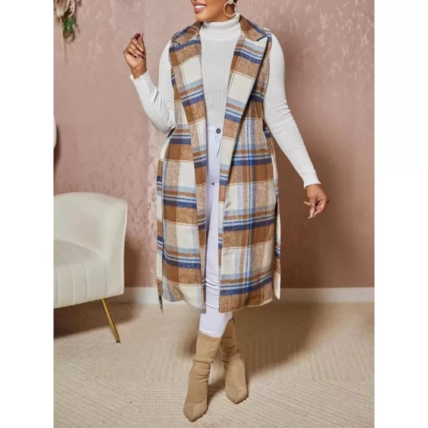 chouyatou Womens Open Front Plaid Long Wool Vest Notched Lapel Sleeveless Wool Blend Trench Pea Coat with BeltKhaki
