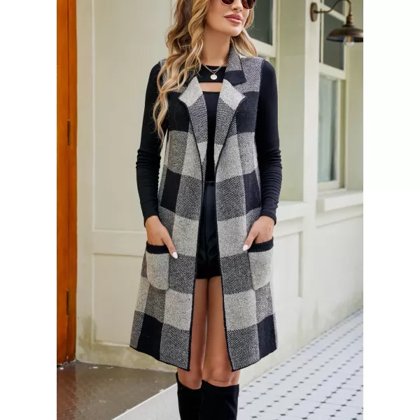 chouyatou Womens Open Front Plaid Sweater Vest Notched Lapel Sleeveless Jacquard Knit Vest JacketBlack Gray