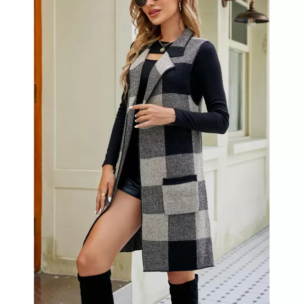 chouyatou Womens Open Front Plaid Sweater Vest Notched Lapel Sleeveless Jacquard Knit Vest JacketBlack Gray