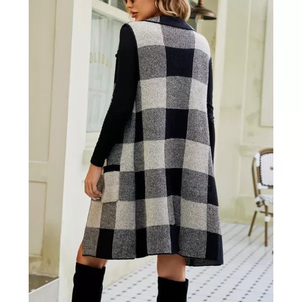 chouyatou Womens Open Front Plaid Sweater Vest Notched Lapel Sleeveless Jacquard Knit Vest JacketBlack Gray