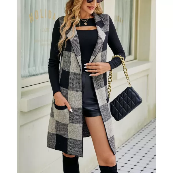 chouyatou Womens Open Front Plaid Sweater Vest Notched Lapel Sleeveless Jacquard Knit Vest JacketBlack Gray