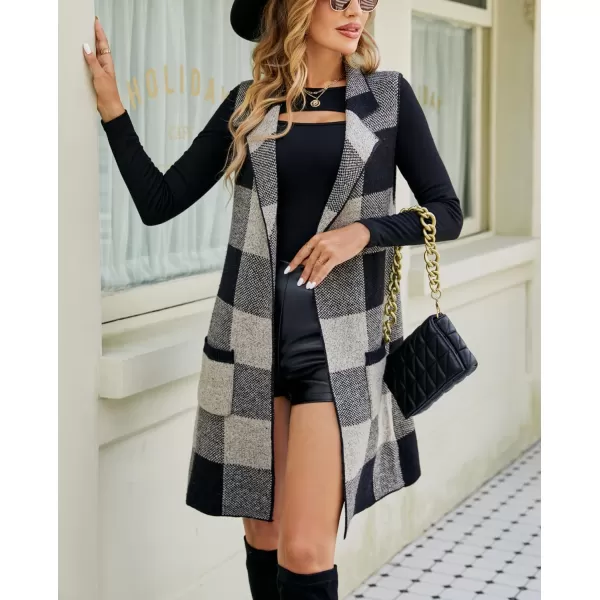 chouyatou Womens Open Front Plaid Sweater Vest Notched Lapel Sleeveless Jacquard Knit Vest JacketBlack Gray