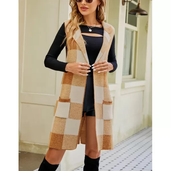 chouyatou Womens Open Front Plaid Sweater Vest Notched Lapel Sleeveless Jacquard Knit Vest JacketKhaki Brown