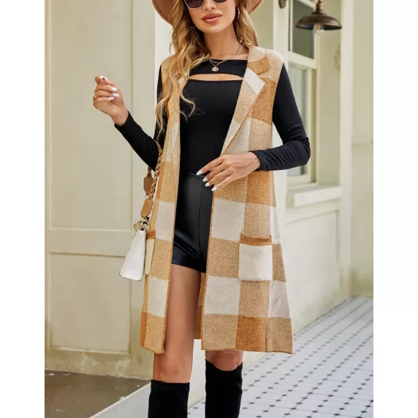 chouyatou Womens Open Front Plaid Sweater Vest Notched Lapel Sleeveless Jacquard Knit Vest JacketKhaki Brown