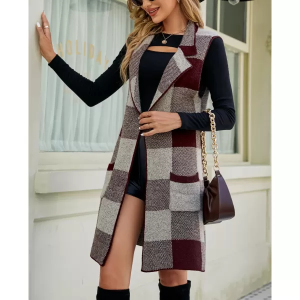 chouyatou Womens Open Front Plaid Sweater Vest Notched Lapel Sleeveless Jacquard Knit Vest JacketWine Red