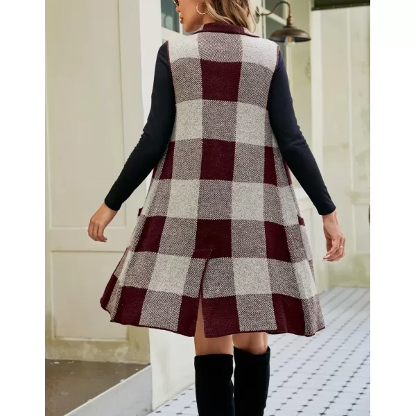 chouyatou Womens Open Front Plaid Sweater Vest Notched Lapel Sleeveless Jacquard Knit Vest JacketWine Red