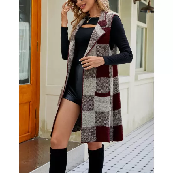 chouyatou Womens Open Front Plaid Sweater Vest Notched Lapel Sleeveless Jacquard Knit Vest JacketWine Red