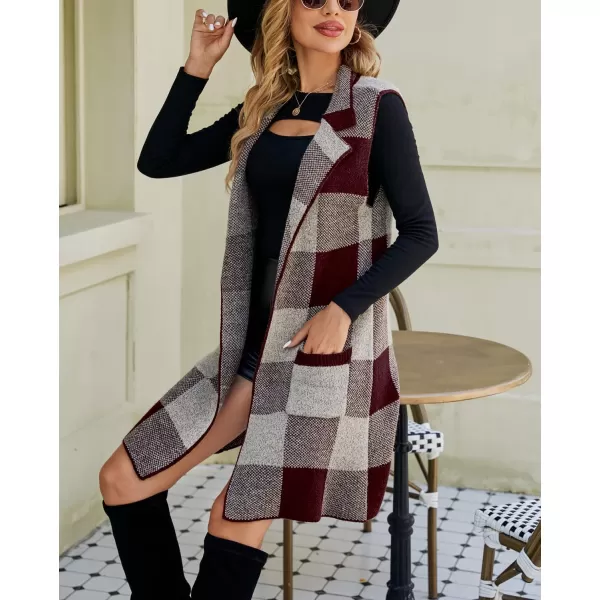 chouyatou Womens Open Front Plaid Sweater Vest Notched Lapel Sleeveless Jacquard Knit Vest JacketWine Red