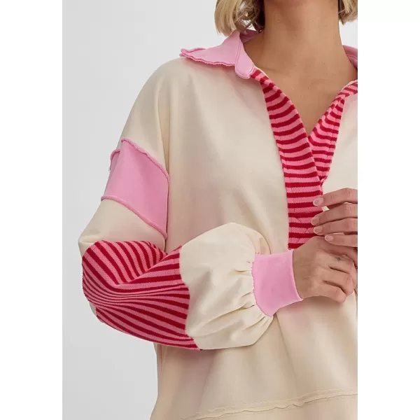 chouyatou Womens Oversized VNeck Polo Collared Sweatshirt Color Block Splicing Workout Pullover Tops Fall OutfitsApricot
