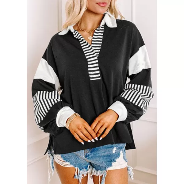chouyatou Womens Oversized VNeck Polo Collared Sweatshirt Color Block Splicing Workout Pullover Tops Fall OutfitsBlack