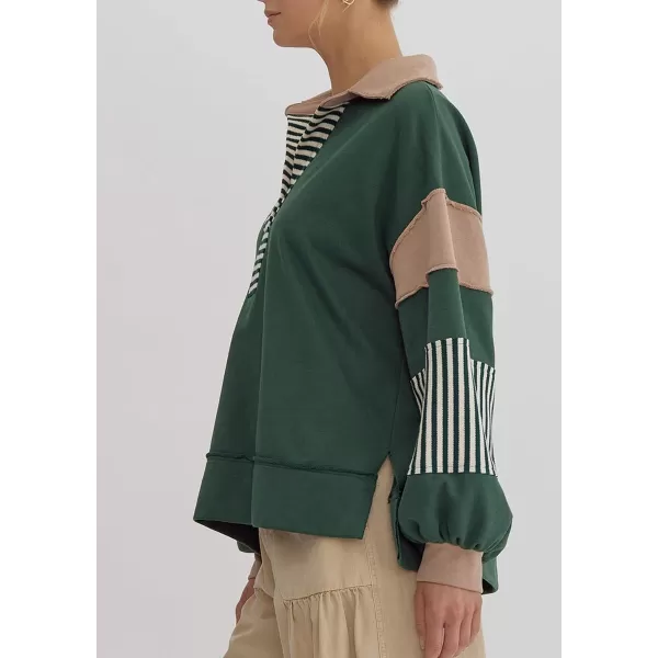 chouyatou Womens Oversized VNeck Polo Collared Sweatshirt Color Block Splicing Workout Pullover Tops Fall OutfitsDark Green