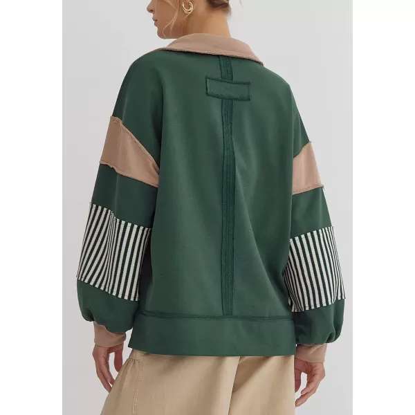 chouyatou Womens Oversized VNeck Polo Collared Sweatshirt Color Block Splicing Workout Pullover Tops Fall OutfitsDark Green