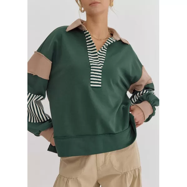 chouyatou Womens Oversized VNeck Polo Collared Sweatshirt Color Block Splicing Workout Pullover Tops Fall OutfitsDark Green