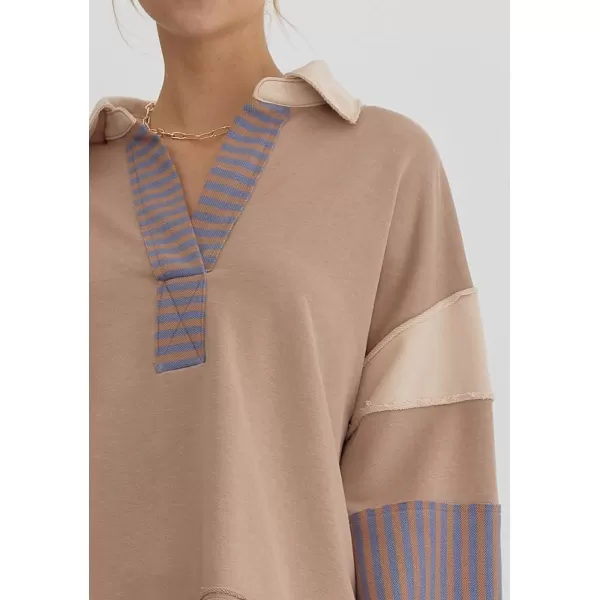 chouyatou Womens Oversized VNeck Polo Collared Sweatshirt Color Block Splicing Workout Pullover Tops Fall OutfitsKhaki