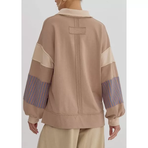 chouyatou Womens Oversized VNeck Polo Collared Sweatshirt Color Block Splicing Workout Pullover Tops Fall OutfitsKhaki