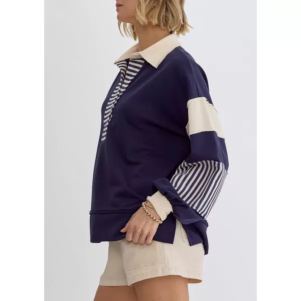 chouyatou Womens Oversized VNeck Polo Collared Sweatshirt Color Block Splicing Workout Pullover Tops Fall OutfitsNavy Blue