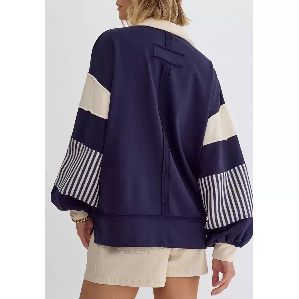 chouyatou Womens Oversized VNeck Polo Collared Sweatshirt Color Block Splicing Workout Pullover Tops Fall OutfitsNavy Blue