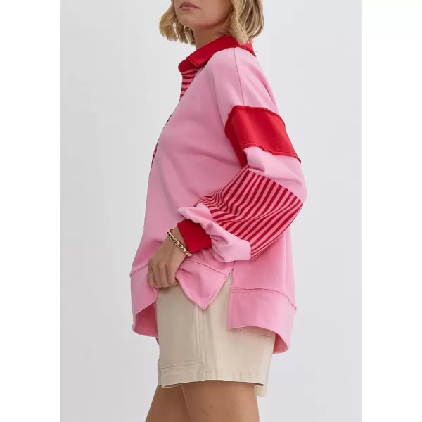 chouyatou Womens Oversized VNeck Polo Collared Sweatshirt Color Block Splicing Workout Pullover Tops Fall OutfitsPink
