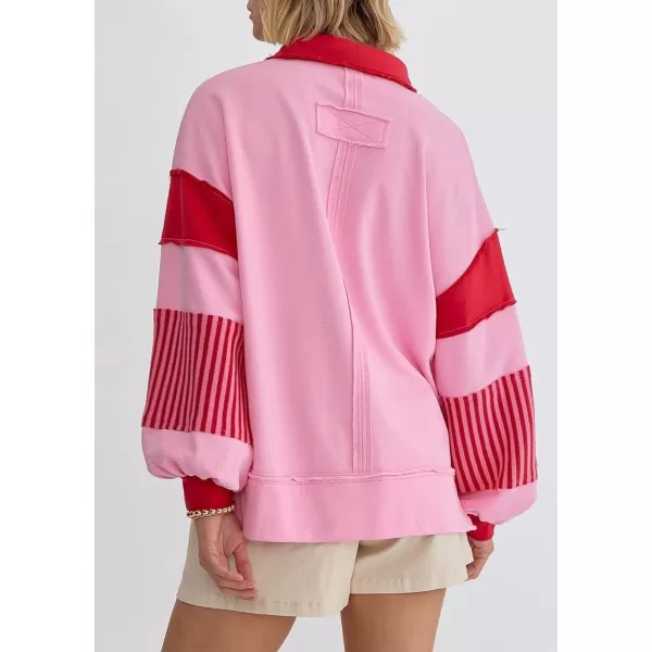 chouyatou Womens Oversized VNeck Polo Collared Sweatshirt Color Block Splicing Workout Pullover Tops Fall OutfitsPink