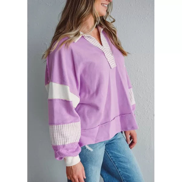 chouyatou Womens Oversized VNeck Polo Collared Sweatshirt Color Block Splicing Workout Pullover Tops Fall OutfitsPurple