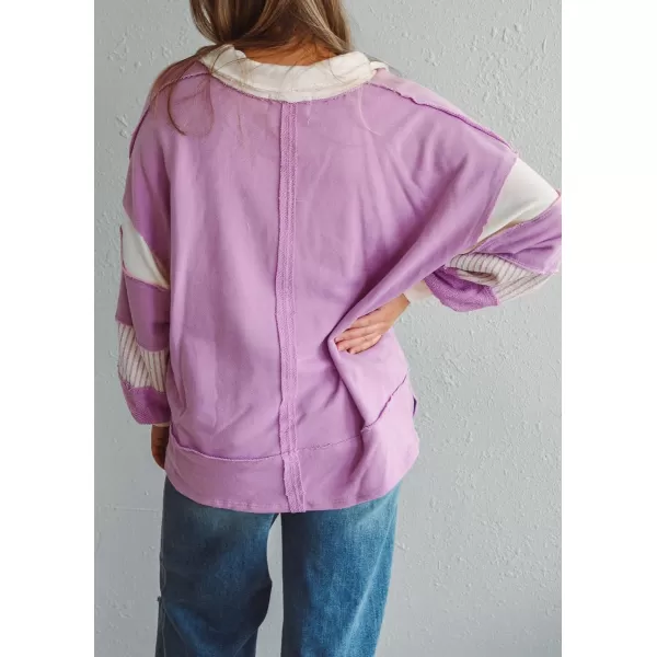 chouyatou Womens Oversized VNeck Polo Collared Sweatshirt Color Block Splicing Workout Pullover Tops Fall OutfitsPurple