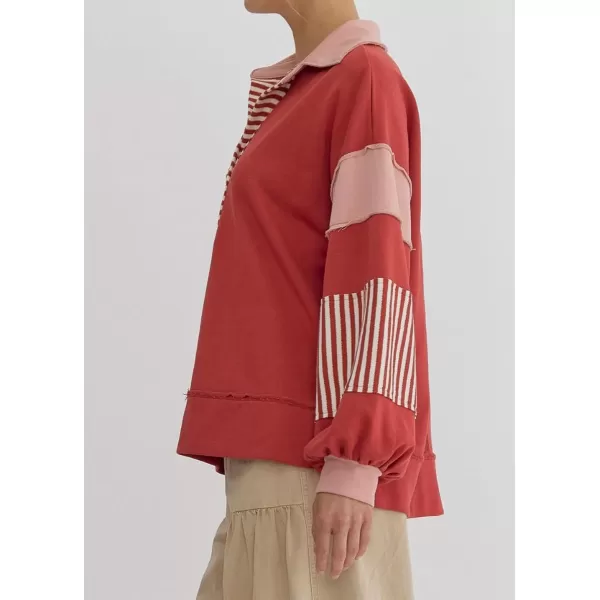 chouyatou Womens Oversized VNeck Polo Collared Sweatshirt Color Block Splicing Workout Pullover Tops Fall OutfitsRed