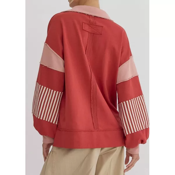 chouyatou Womens Oversized VNeck Polo Collared Sweatshirt Color Block Splicing Workout Pullover Tops Fall OutfitsRed