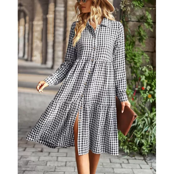 chouyatou Womens Plaid Button Down Shirt Dress Long Sleeve Gingham Midi Long DressBlack