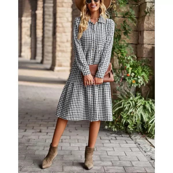 chouyatou Womens Plaid Button Down Shirt Dress Long Sleeve Gingham Midi Long DressBlack