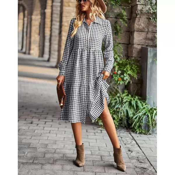 chouyatou Womens Plaid Button Down Shirt Dress Long Sleeve Gingham Midi Long DressBlack