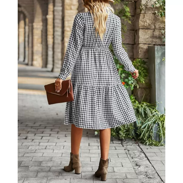 chouyatou Womens Plaid Button Down Shirt Dress Long Sleeve Gingham Midi Long DressBlack