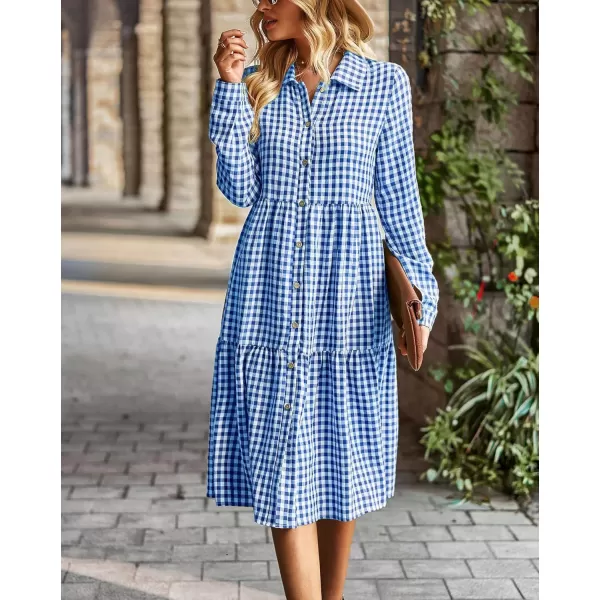 chouyatou Womens Plaid Button Down Shirt Dress Long Sleeve Gingham Midi Long DressDark Blue