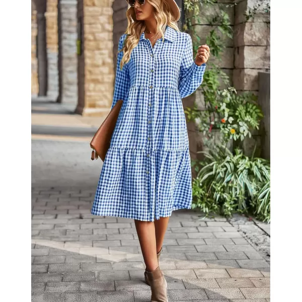 chouyatou Womens Plaid Button Down Shirt Dress Long Sleeve Gingham Midi Long DressDark Blue