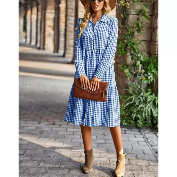 chouyatou Womens Plaid Button Down Shirt Dress Long Sleeve Gingham Midi Long DressDark Blue