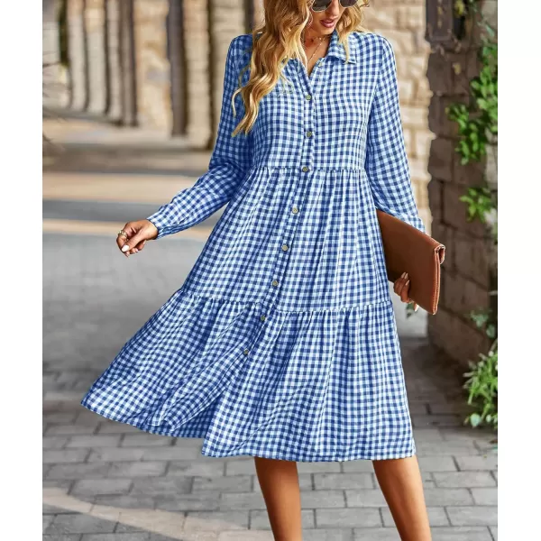 chouyatou Womens Plaid Button Down Shirt Dress Long Sleeve Gingham Midi Long DressDark Blue